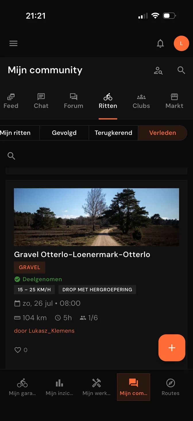 Drais-community, tab Ritten: een gravelgroepsrit van 104 km met de status Deelgenomen