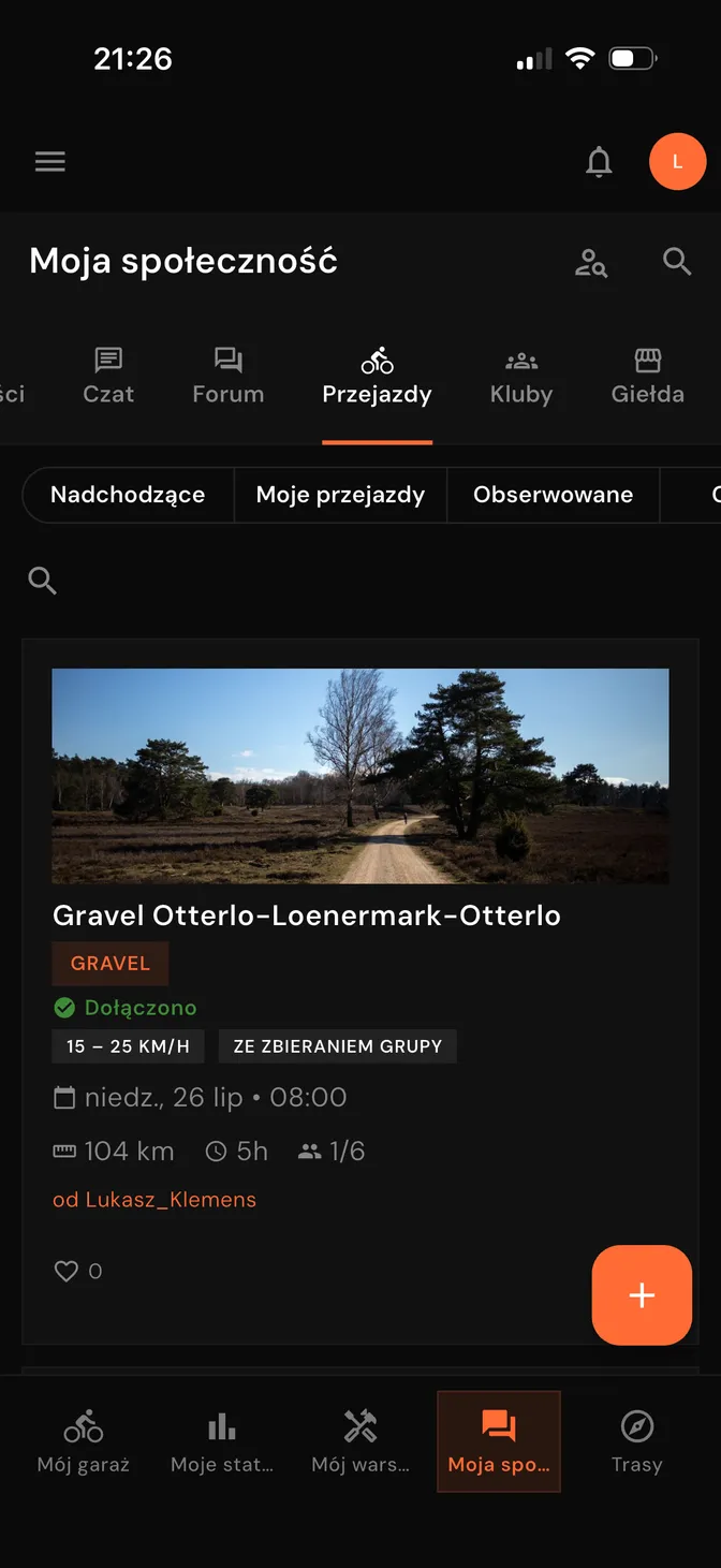 Społeczność Drais, zakładka Przejazdy: gravelowy wspólny przejazd na 104 km ze statusem Dołączono