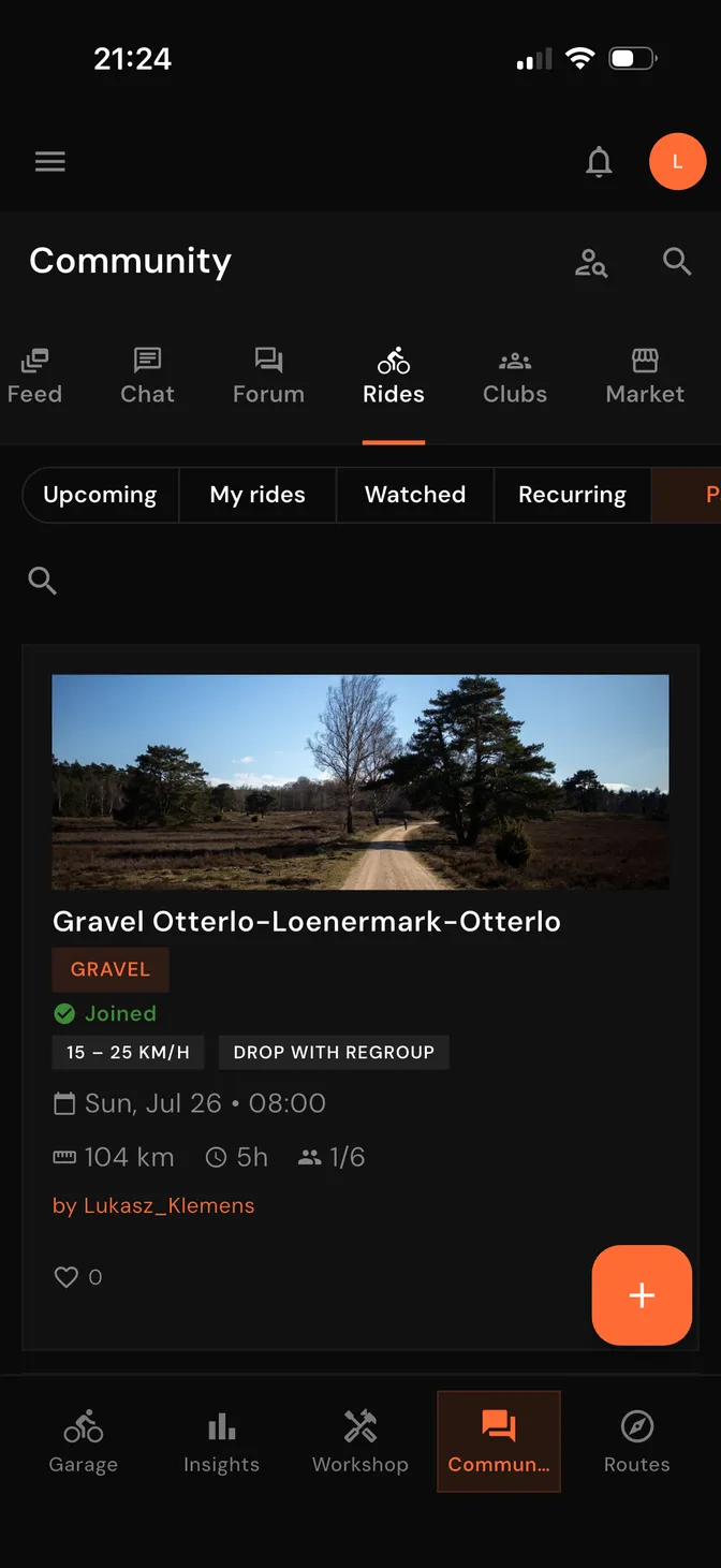 Drais Community, Rides tab: a 104 km gravel group ride with a Joined status