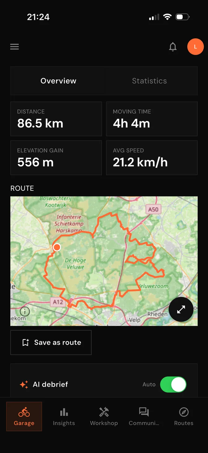 A ride in Drais with a GPS map across the Veluwe and ride stats