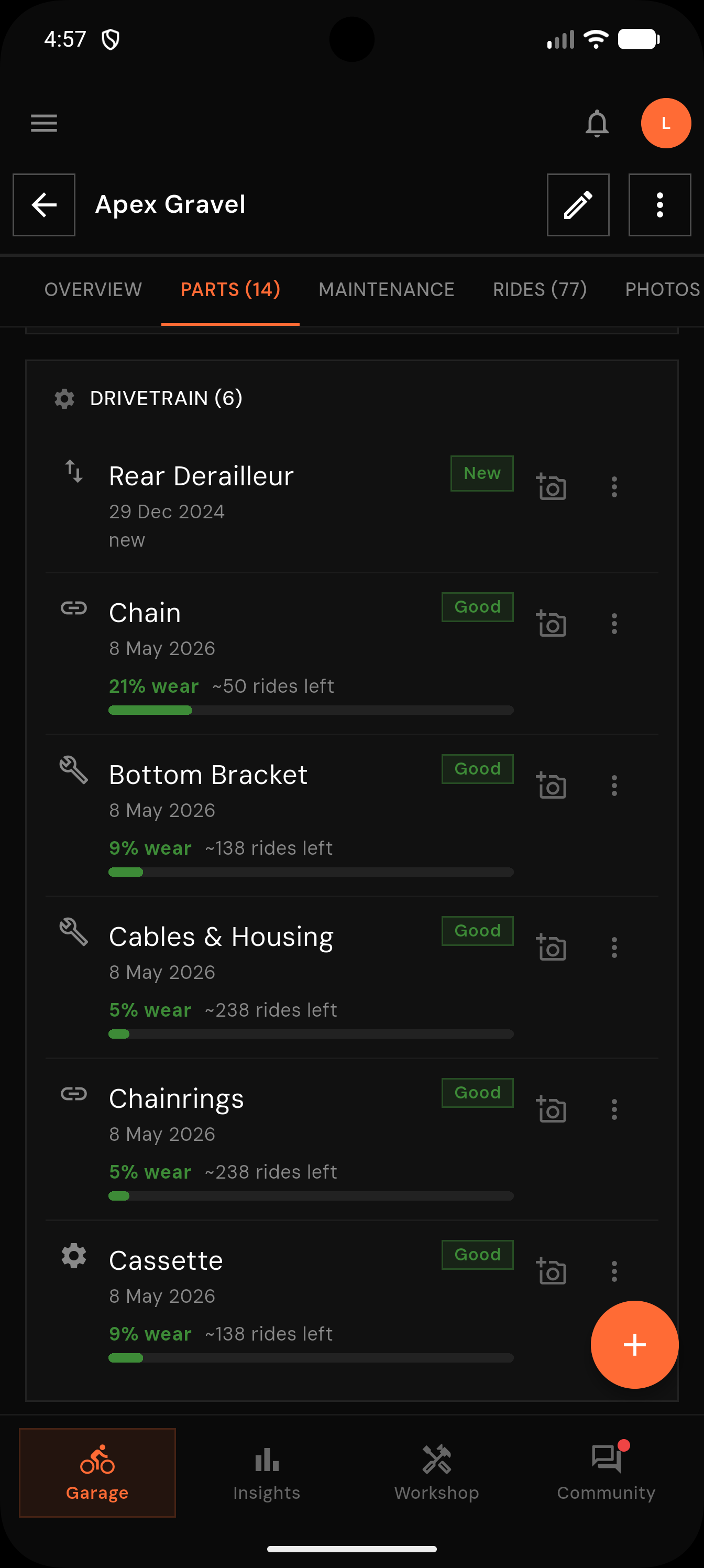 Drais garage with parts and wear tracking